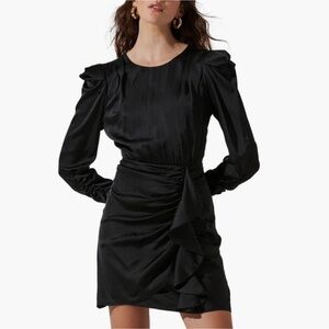ASTR Black Satin Puff-Sleeve Wrap-Detail Mini Dress